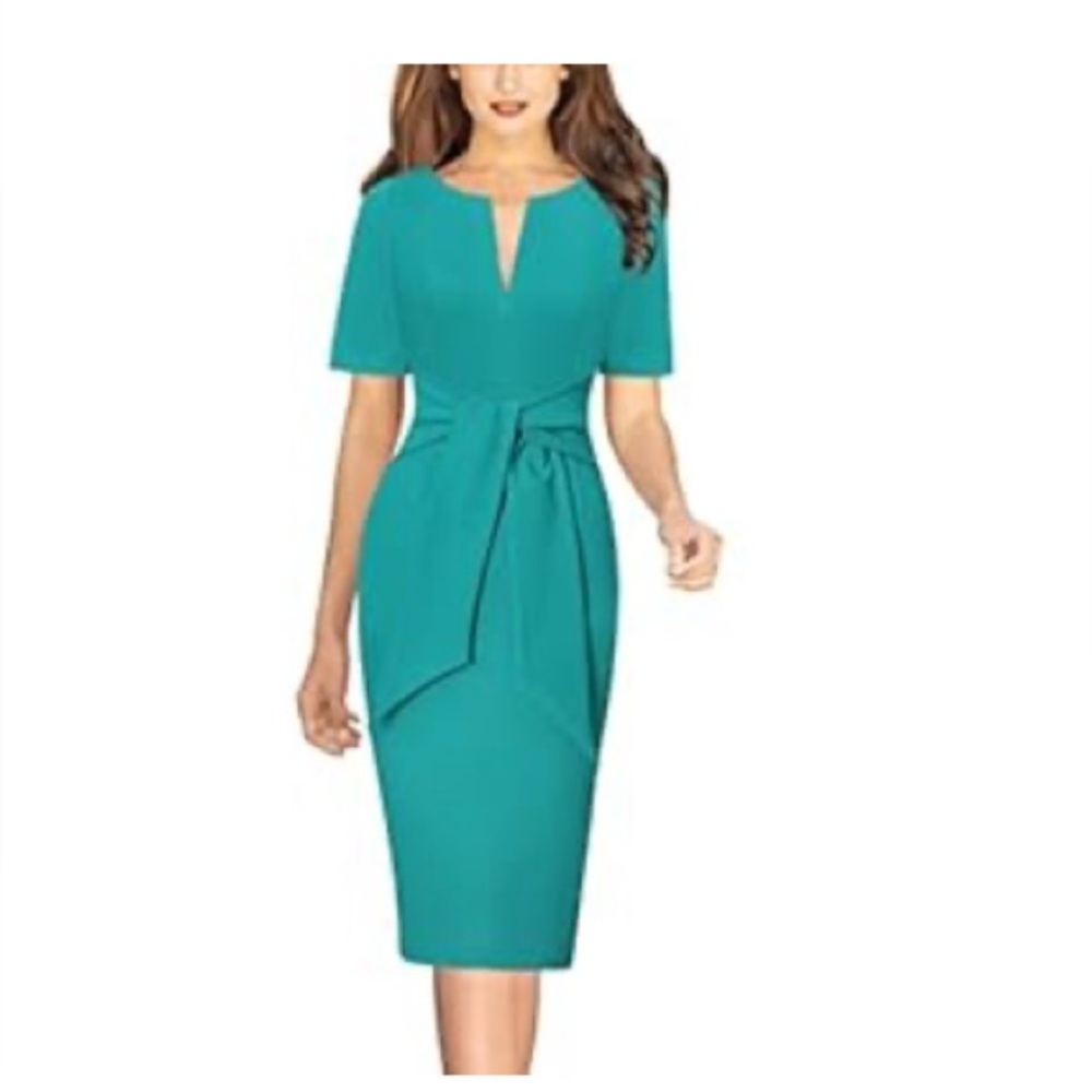 Teal Midi Dress with Waist Tie